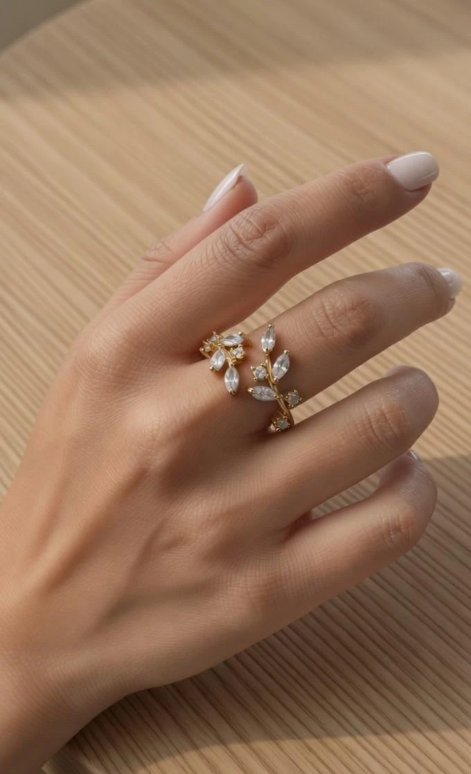 Bague Doré en Acier Inoxydable Ajustable Floral Feuilles Pierres Brillantes Neuf